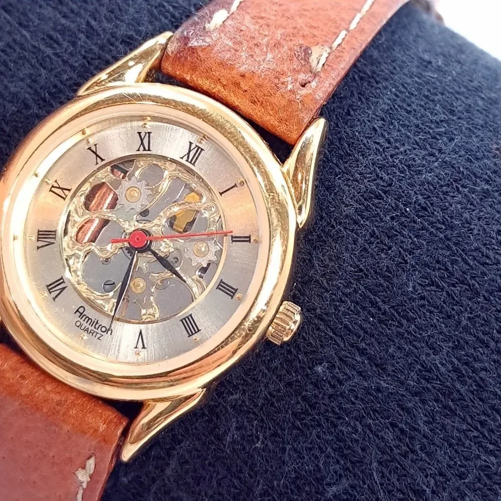 Armitron 25/4966F Skeleton Women Watch Genuine leather camel brown gold Quartz